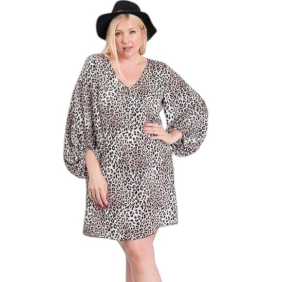 NWT ee:some Women Animal Print Shift Dress Size XL Brown Boho 3/4 Balloon Sleeve - Picture 1 of 14